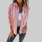 Ana - Käytännöllinen ja rento corduroy-puserovaatetus hihalla, hupulla ja vetoketjulla