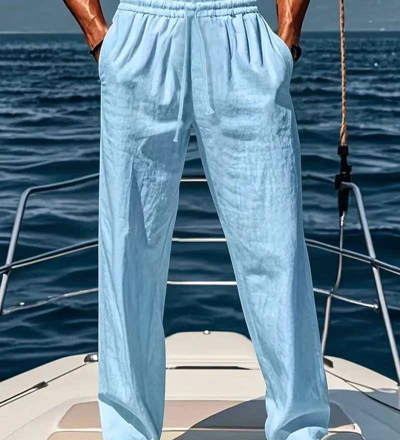 Miesten pellavahousumalli väljällä istuvuudella