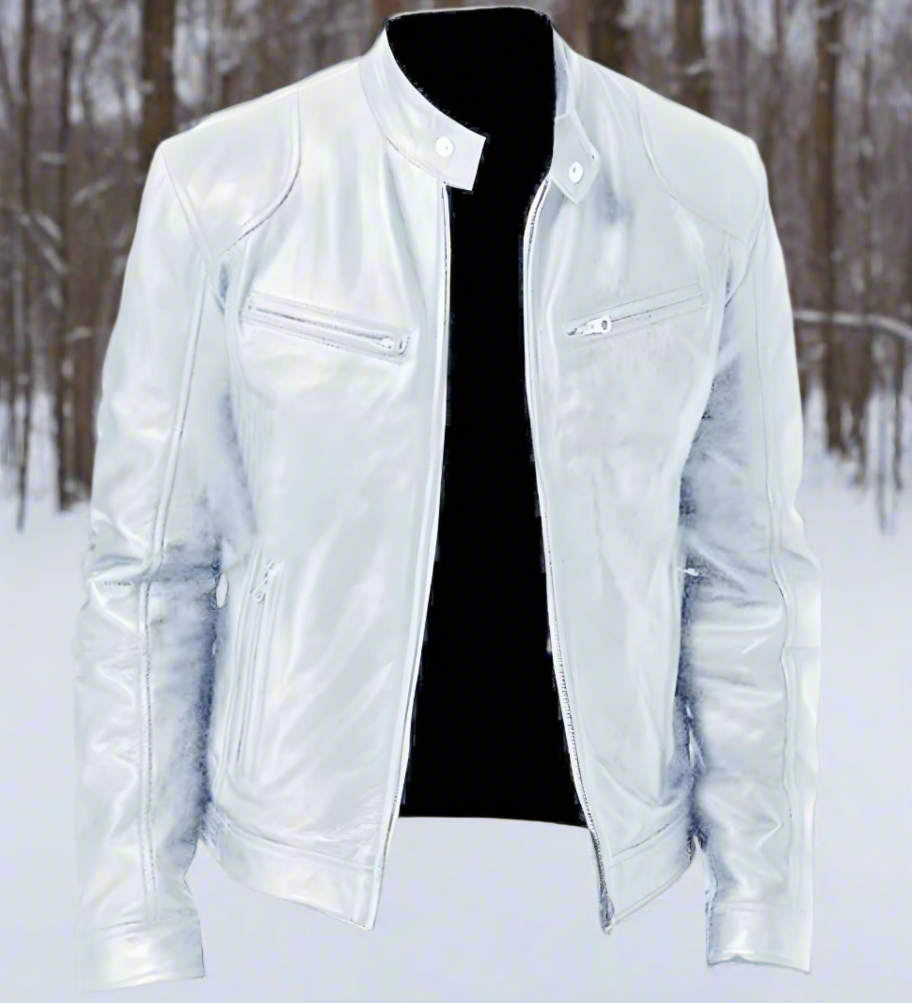 Tyylikäs, kiiltävä ja hyvin istuva nahkatakki miehille