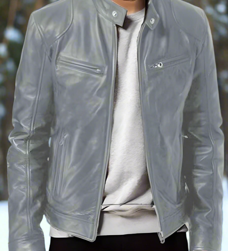 Tyylikäs, kiiltävä ja hyvin istuva nahkatakki miehille