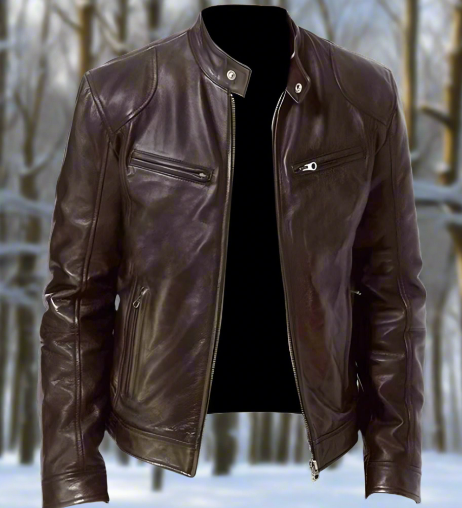 Tyylikäs, kiiltävä ja hyvin istuva nahkatakki miehille