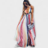 Väritetty raitainen naisten mekko V-kauluksella