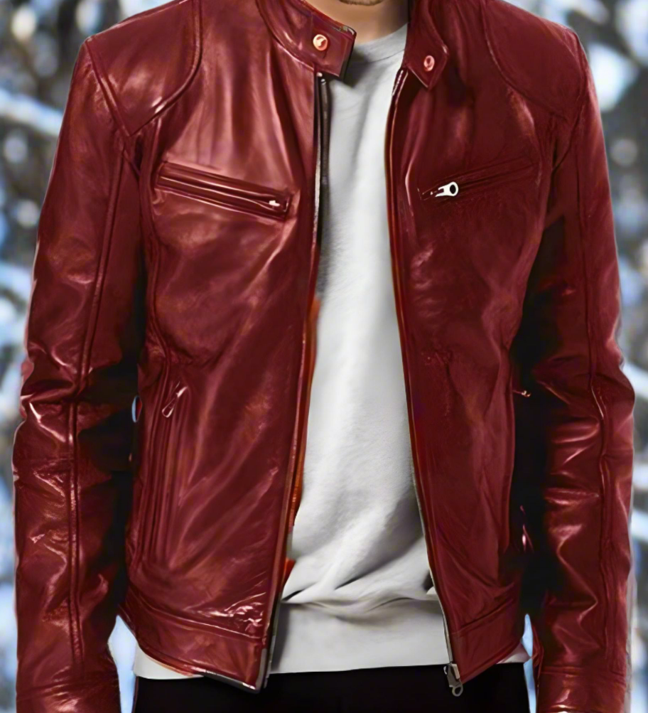 Tyylikäs, kiiltävä ja hyvin istuva nahkatakki miehille