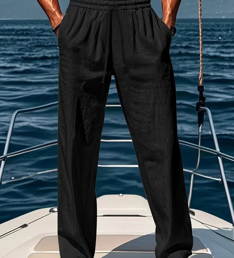 Miesten pellavahousumalli väljällä istuvuudella