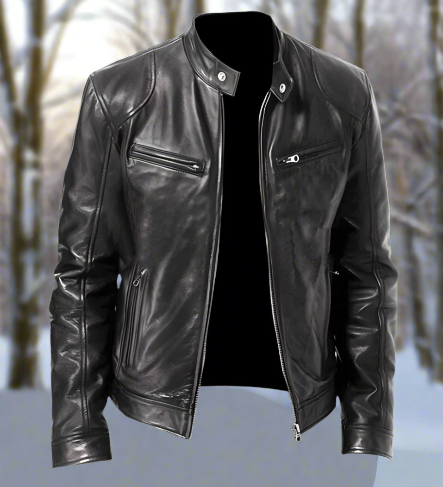 Tyylikäs, kiiltävä ja hyvin istuva nahkatakki miehille