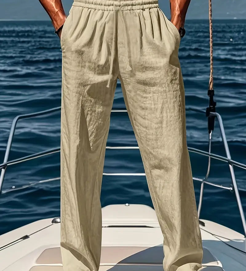 Miesten pellavahousumalli väljällä istuvuudella