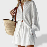 Maud | Tyylikäs paita- ja shorttiasetti pellava-piknik puuvillasta