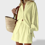 Maud | Tyylikäs paita- ja shorttiasetti pellava-piknik puuvillasta