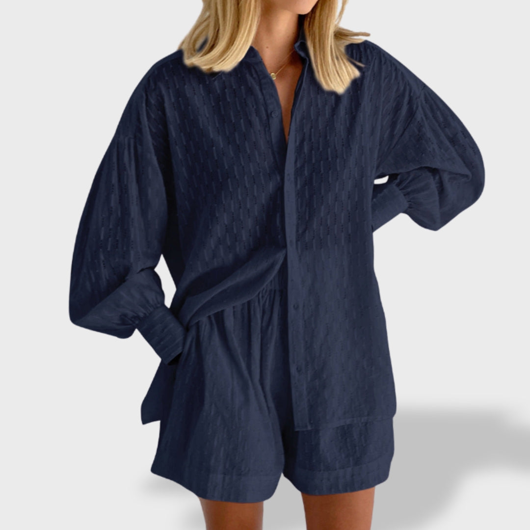 Maud | Tyylikäs paita- ja shorttiasetti pellava-piknik puuvillasta