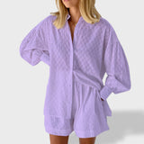 Maud | Tyylikäs paita- ja shorttiasetti pellava-piknik puuvillasta