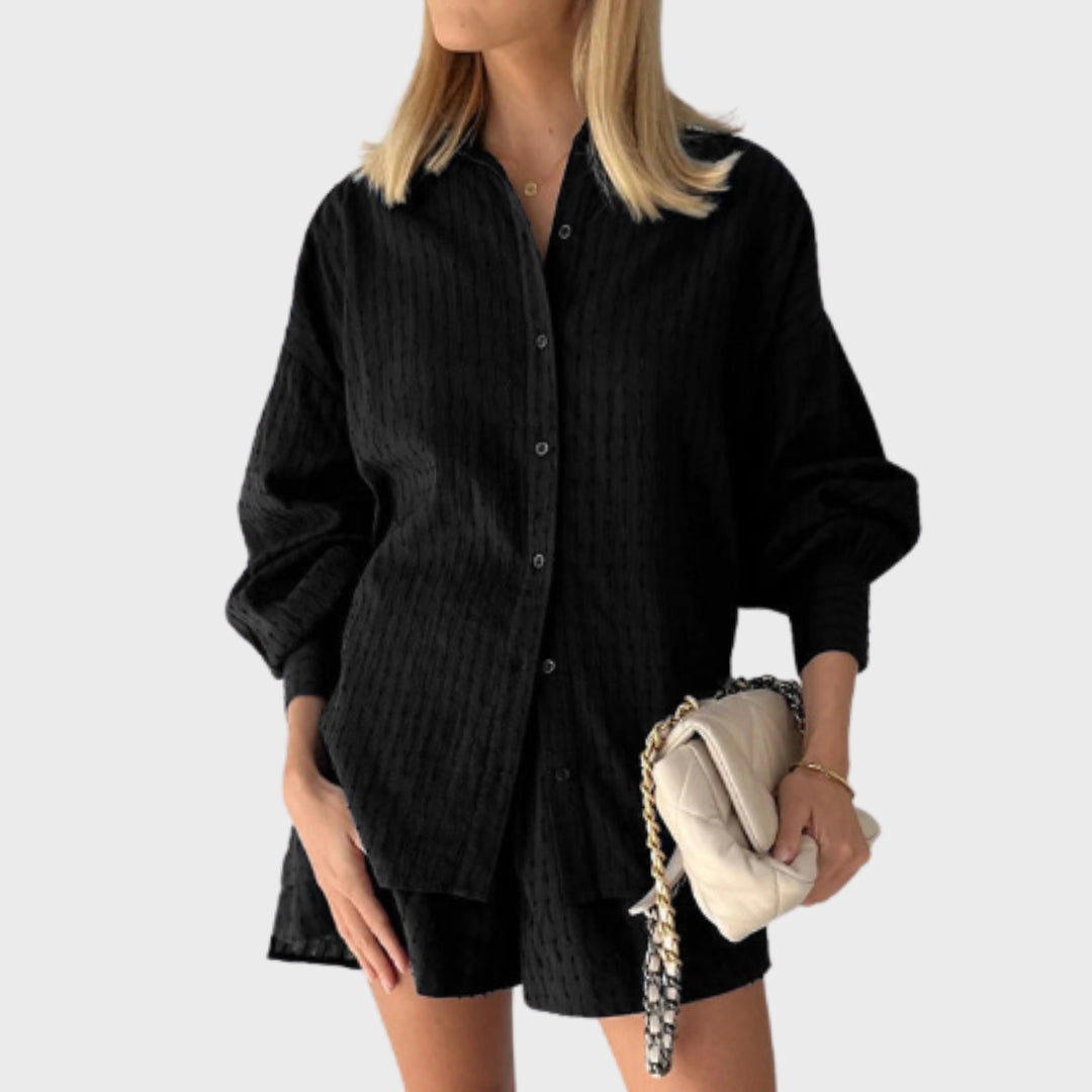 Maud | Tyylikäs paita- ja shorttiasetti pellava-piknik puuvillasta