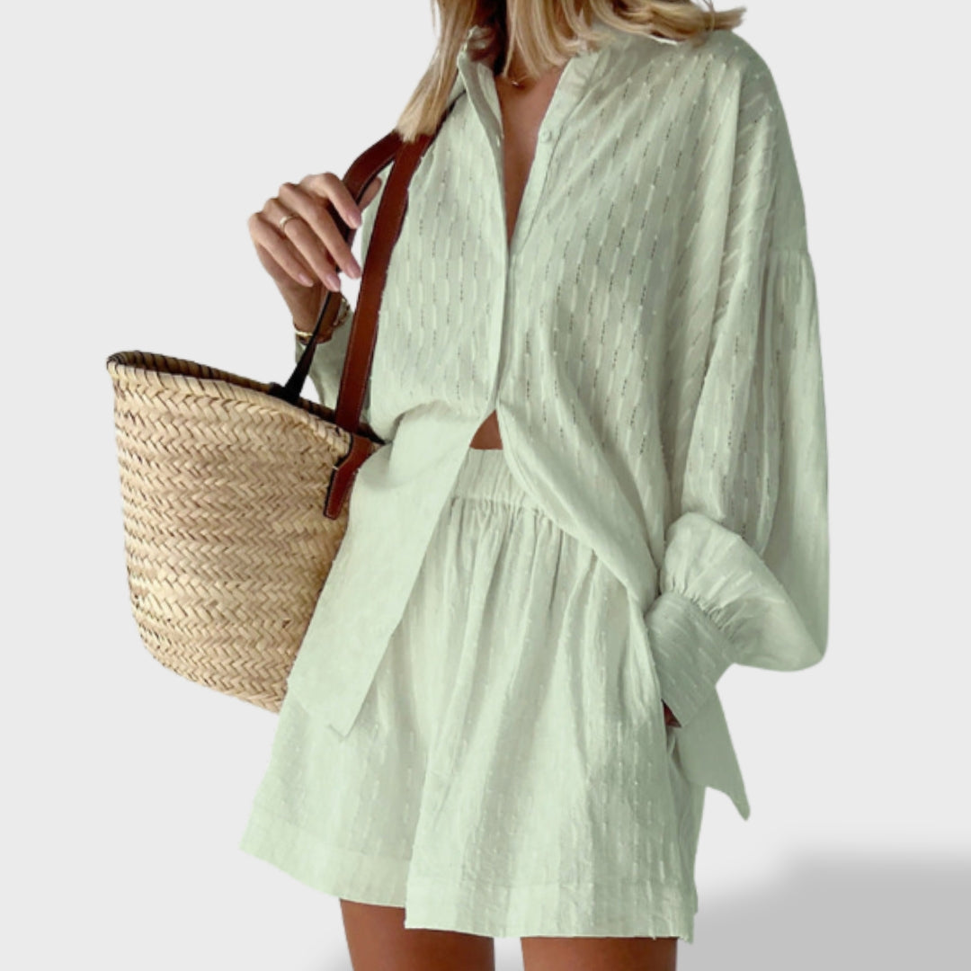 Maud | Tyylikäs paita- ja shorttiasetti pellava-piknik puuvillasta