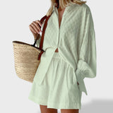 Maud | Tyylikäs paita- ja shorttiasetti pellava-piknik puuvillasta