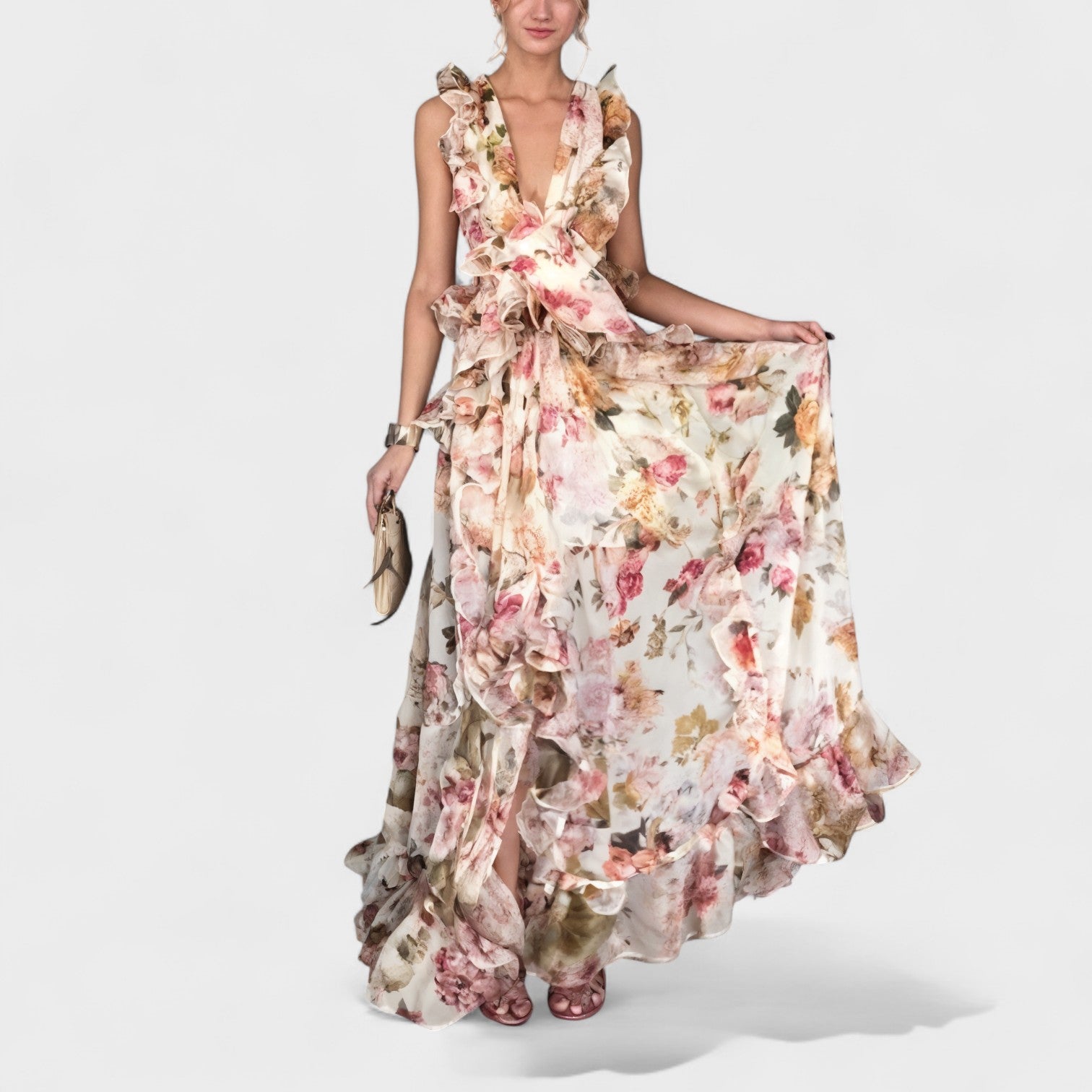 Isabela | Duga kukkivolainen ruffles-mekko