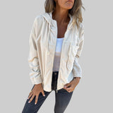 Ana - Käytännöllinen ja rento corduroy-puserovaatetus hihalla, hupulla ja vetoketjulla